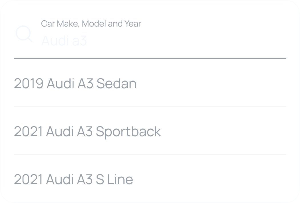 Vehicle search showing results for Audi A3 with year, model, and trim options